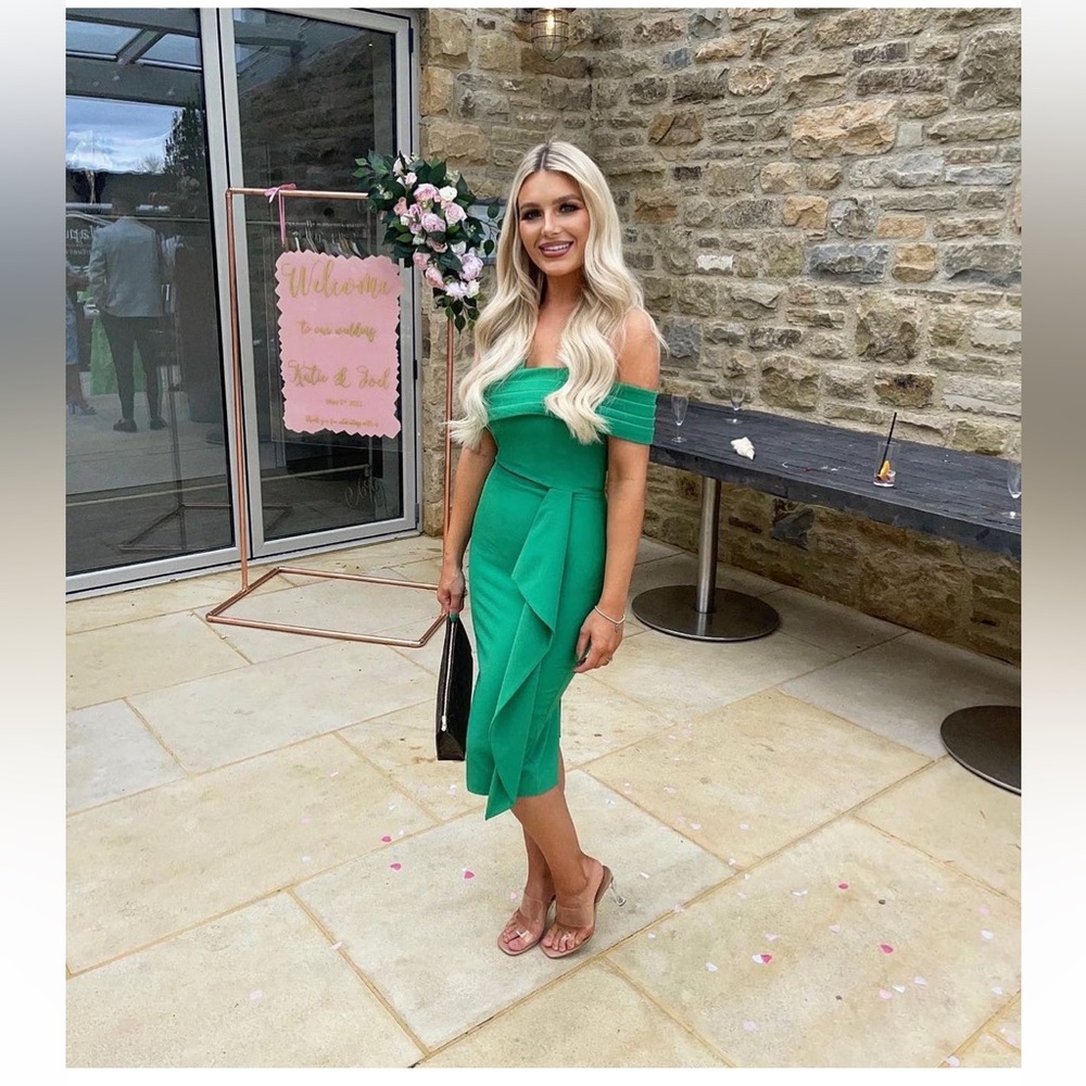 Gorgeous Lavish Alice pleated asymmetric off shoulder midi dress in spring green